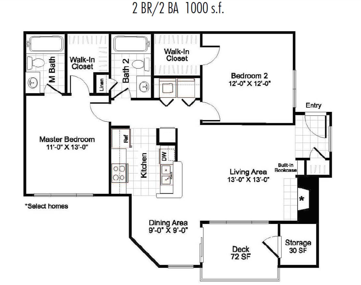 Floor plan for 2 beds, 2 baths, 1000 sqft